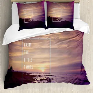 ABAKUHAUS motivational Bettbezug Set, Sonnenuntergang auf Strand mit tropischem Landschaftshawaiischem landschaftlichem Schönheits-idyllischem Zitat, 155 x 220 cm + 80 x 80 cm, Mehrfarbig