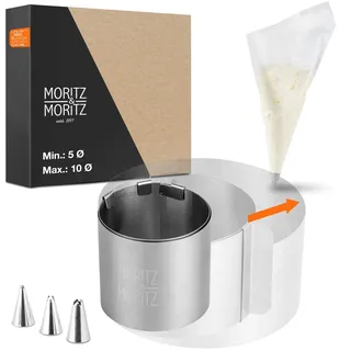 Moritz & Moritz Tortenring Verstellbar 5cm hoch Ø 5cm bis 10cm – Edelstahl Tortenring rund – Backring verstellbar mit Backzubehör – Mit 10 Spritzbeuteln und 3 Aufsätzen