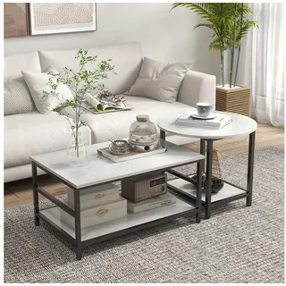 Homcom Couchtisch 2er-Set Beistelltisch, Kaffeetisch, Satztisch, Sofatisch im Moderndesign, Wohnzimmertisch mit Marmoroptik, für Schlafzimmer, Stahl - Schwarz, Weiß