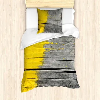 ABAKUHAUS Gelb Bettbezug Set, Altes Hölzernes Brett mit Gelber Farbe Bürsten Look Rustikales Foto Muster, 135 x 200 cm + 80 x 80 cm, Gelb Grau