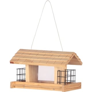 Dehner Natura Premium Wildvogel Futterhaus Aosta, Futterstation für Wildvögel, Vogelhaus robust / hängend, inkl. Aufhängevorrichtung, ca. 17.5 x 19 x 28 cm, aus FSC-zertifiziertem Kiefernholz, braun