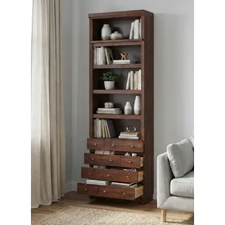 Bücherregal HOME AFFAIRE "Soeren Regal mit 5 breiten Schubkästen in geteilter Optik", dunkelbraun, B:80cm H:220cm T:29cm, Massivholz, Regale, Bücherregal, T/H: 80/29/220 cm, Kiefer FSC-zertifiziert, elegante Metallgriffe