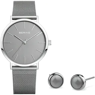 BERING Damen Set mit Analog Quarz Armbanduhr und Ohrringen Grau 13436-309-GWP