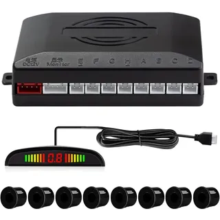 Einparkhilfe mit 8 Vorne Hinteren Parksensoren mit Summer LED-Anzeige (8 Sensoren, Schwarz)