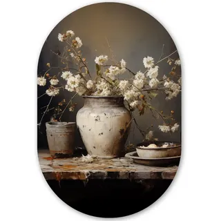 MuchoWow Wandbild Stilleben - Blumen - Blumenstrauß - Vase - Wein 60x90 cm , Ecru , Kunststoff , Oval , 60x90 cm , einfache und schnelle Anbringung , Bilder & Rahmen, Bilderrahmen, Bilderrahmen & Fotorahmen