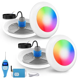 LyLmLe LED Poolbeleuchtung mit 1-1/2 zoll Außengewinde, 25W RGB Poollampe Synchronsteuerung mit Controller Fernbedienung, Ø242mm, 12V AC Unterwasserscheinwerfer für Beton/Styroporpools, 2er-Set