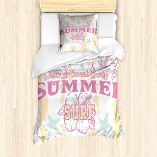 ABAKUHAUS Abstrakt Mantele, Blumen Surf und Sommer, Milbensicher Allergiker geeignet mit Kissenbezügen, 135 cm x 200 cm - 80 x 80 cm, Blassgelb Weiß - Weiß