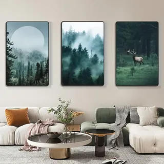 3er Poster Set, Moderne Grün Berge Wald Landschaft Bilder, Hirsch Wälder Wandbilder Collage Kunstposter, Leinwandbilder Wandposter Wanddeko für Wohnzimmer & Schlafzimmer, ohne Rahmen (21 x 30CM)