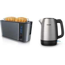 Arendo 72304281722 Cool Grey Edelstahl Toaster 4 Scheiben, 1500, 18/8 & Philips Domestic Appliances HD9350/90 Wasserkocher, Edelstahl, 1.7 liters, schwarz