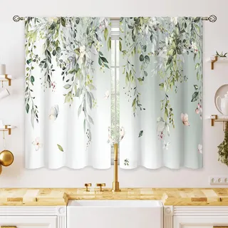 oolygoo Küchenfenstervorhänge, Eukalyptus, botanisches Motiv, Blätter, florales Muster, Schmetterling, Landhausstil, Blume, Blatt, kleine Fensterdekoration, salbeigrün, Kurze Vorhänge für Badezimmer