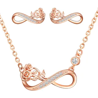 Yumilok Damen Halskette Ohrringe Ohrstecker Schmuck Set 925 Sterling Silber mit eine Rose Unendlichkeit Anhänger für Damen Frauen