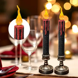 TINYOUTH 2PCS 25CM Große LED Kerzen für Halloween Weihnachten, Schwarze Glitzer Tischkerzen Licht Batterien Enthalten für Hochzeitsfeier Jubiläum Verlobung Dekoration