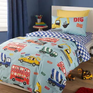 Bedlam Auto- und Bus-Bettbezug für Doppelbett (200 x 200 cm), wendbar, blau kariert mit Transport, LKW-Bettwäsche für Jungen, Transportthema in Doppelbettgröße