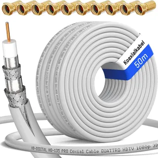 HB-DIGITAL 50m SAT Koaxiakabel 135dB 8K 4K UHD 4-Fach geschirmt für DVB-S / S2 DVB-C / C2 DVB-T / T2 DAB+ Radio + inkl. 10x vergoldete F-Stecker BK Anlagen - Stahl/Kupfer Innenleiter - Weiss
