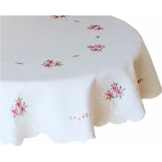 Tischdecke Tischtuch Stickerei Rosen Blüten Frühling Tischläufer Bogenrand 160 cm rund - Weiß