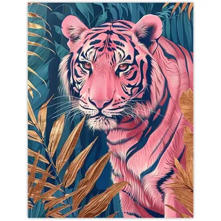 Artery8 Majestic Pink Tiger in Blue Gold Tropical Jungle Living Room Large Wall Art Poster Print Thick Paper 18X24 Inch