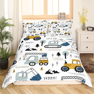 Auto Kinder Bettwäsche 135x200 Bau Bettwäsche Set Karikatur Bagger Kran Zugmaschine Dekor Bettwäsche Jugendliche LKW Traktor Bettbezug Weiß Gelb Bettdecke Set Mädchen Jugend Schlafzimmer Dekor