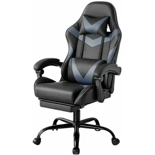 DUMOS Gaming Stuhl, Chair Gamer Sessel - Ergonomischer Gamer Stuhl mit Fußstütze Kopfstütze und Lordosenstütz Höhenverstellbar Gepolstert Gamingstuhl 150 Kg Tragkraft PC Sessel Drehsessel Schwarz-Grau