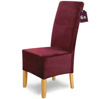 Scheffler Home Stuhlhussen Puma Velano Bordeaux 6er Set – Elastische waschbare Stuhlbezüge aus Samt für Esszimmerstühle und Polsterstühle – Edler Chenille Stuhlüberzug