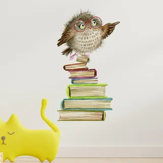 HGDESIGN® Wandtattoo Wandaufkleber Eule auf Bücher Buch Kinderzimmer Babyzimmer Arbeitszimmer Wohnzimmer Schlafzimmer Kind Baby Junge Mädchen Wandsticker Selbstklebend Wanddeko (D)