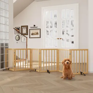 Semiocthome Hundegitter aus Bambus für das Haus, extra breit, 6 Paneele, freistehende Haustiergitter mit 4 Metallständern für Türen und Treppen, 61 cm hoch, Faltbare Hundezäune im Innenbereich