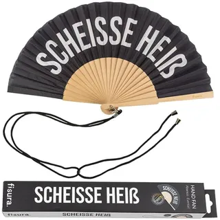 FISURA – Origineller Handfächer mit der Botschaft Sch*isse Heiß Moderner und witziger Holzfächer. Schwarz-weißer Fächer. Fächer mit Fächerhalter. Maße: 42,5 x 23 cm.