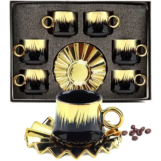 12-teiliges türkisches Kaffeetassen-Set mit Untertassen, 100 ml Keramik-Espressotassen, Goldrand, schwarzes Design, stapelbare Porzellantassen, Service für 6 Personen, spülmaschinengeeignet