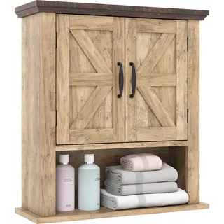 COSTWAY Badezimmerschrank hängend, Hängeschrank mit Ablagen, Türen & offenem Aufbewahrungsfach, Wandschrank, Küchenschrank, Natur - Naturbelassen