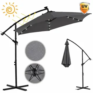 Mucola Kurbelschirm Sonnenschirm Ampelschirm Gartenschirm Marktschirm Strandschirm Terrassenschirm Sonnenschutz - Grau mit LED 3,5 m - Grau