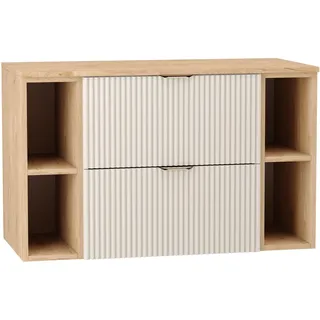 WENA Waschtischunterschrank 100 cm, mit 2 Regale, geriffelte Fronten, Griffe aus Metall in der Farbe Gold (Farbe: Kaschmir/Eiche) - Beige, Bronze