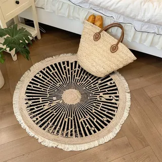 Aniyan Handgewebter Baumwollteppich Rund Boho Stil mit Fransen, Geflochtener Teppich Waschbar Faltbar, Weicher Teppich für Wohnzimmer Schlafzimmer Küche Flur (Ø 100cm,Muster E)