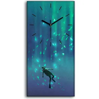 Wanduhr Bürouhr Leinwand Bild Quarz 30x60 Taucher und Unterwasserwelt Fische - schwarze Hände - Blau