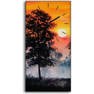 Leinwand Uhr Küche Wohnzimmer Bild 30x60 Landschaft Sonnenuntergang Wald Nebel - schwarze Hände - Orange