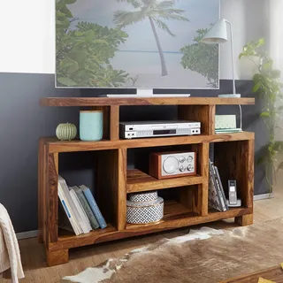 Massivholz Sideboard 115cm Sheesham Natur Kommode mit viel Ablage Fernsehkommode TV Schrank für Fernseher - Braun
