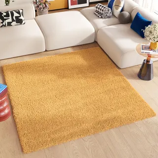 TAPISO Essence Teppich Quadratisch Shaggy Hochflor Langflor Senfgelb Gelb Einfarbig Weich Modern Design Wohnzimmer Schlafzimmer ÖKOTEX 120 x 120 cm