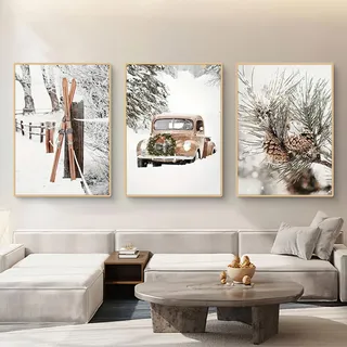 TROYSINC 3er Weihnachts-Poster Set, Winter Bilder Set, Autos, Tannenzapfen Wandkunst Wandbilder Wohnzimmer Weihnacht Wanddeko für Wohnkultur, Ohne Rahmen (50x70cm)