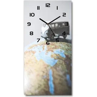 Wanduhr aus Glas – 30x60 cm - Glasbild - Glasuhr - Gehärtetes Glas -Van auf dem Globus - Grau