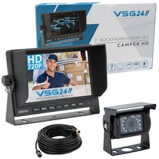 VSG24 Rückfahrkamera 7" HD Starter-Set inkl. Kamera, Monitor, Kabel - Wasserdicht Nachtsicht 12V-24V Einfache Montage/Robustes Rückfahrsystem für Auto Wohnwagen LKW Anhänger Wohnmobile Einparkhilfe