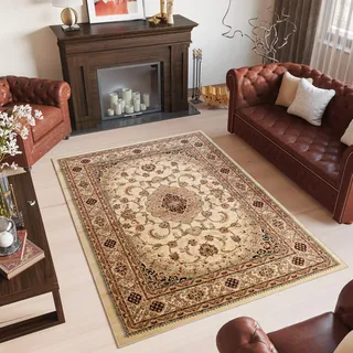 TAPISO Yesemek Klassisch Teppich Kurzflor Wohnzimmer Orientalisch Ziegler Floral Medaillon Muster Bordüre Creme Beige Barock Design ÖKOTEX 300 x 400 cm