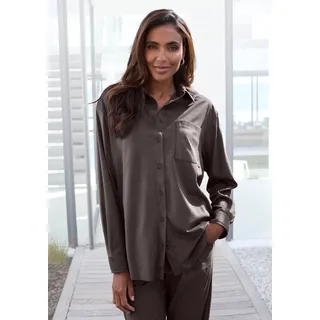 Langarmhemd FRENCH CONNECTION, Damen, Gr. 36/38, N-Gr, braun (dunkelbraun), Samt, Obermaterial: 92% Polyester, 8% Elasthan, unifarben, figurumspielend lang, 2-Knopf-Manschette, Hemden Langarmhemd, aus Veloursleder-Imitat mit aufgesetzter Tasche, Loungewear