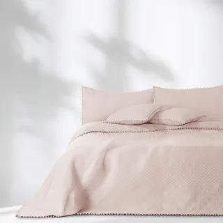 RESTILO Puderrosa Boho Bettüberwurf mit Pompons 220x240cm