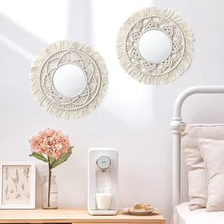 JTOOYS 2er-Set Boho Runder Wandspiegel - Boho Wanddeko Spiegel mit Gewebten Fransen Decorative Spiegel Wanddeko für Wohnung, Zuhause, Kinderzimmer, Schlafzimmer, Wohnzimmer, Dekoration