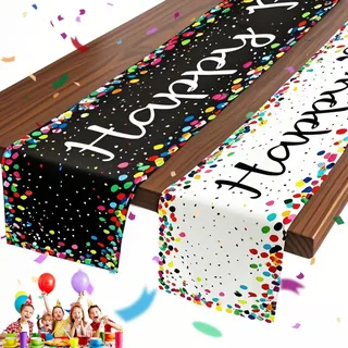 QGGTQG Tischläufer Geburtstag 180 x 33 cm, 2 Stück Bunt Happy Birthday Tischdecke Party Tischläufer GeburtstagDekoration Leinen Tischtuch für Geburtstag Party Deko (Schwarz + Weiß)