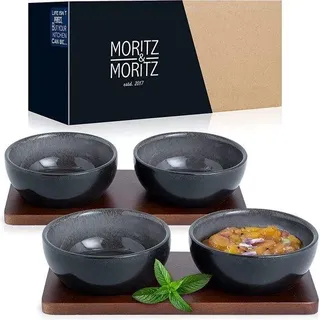 6-teilig Porzellan-Schälset mit Brett - 10 cm Durchmesser - 4 Schalen Schwarz Grau Blau - für Snacks, Desserts, Dipps und Saucen - Schwarz
