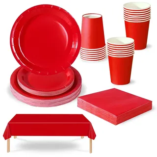 69 Stück Servietten Pappteller Pappbecher Tischdecke Partygeschirr Set,Rot Deko Einschulung Schulkind Party Geburtstag Geschirrset Dekoration Tischdeko Zubehör,für Camping,Picknick,Halloween