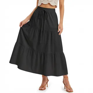 DiULi Rock Damen, Casual A-Line Freizeitrock, Lang Hohe Taille Skirt Mit Kordelzug und Futter, Maxirock Elastisch Taille, Elegant und Bequem, Schwarz, L