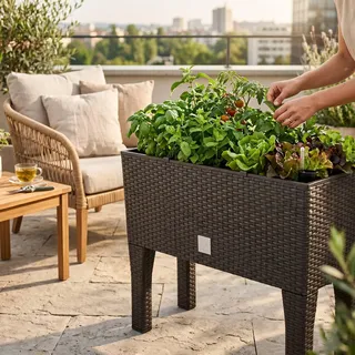 Blumenkasten für Blumen, hoher Pflanzgefäß mit Beinen, großer Blumentopf für den Innen- und Außenbereich, Kunststoff, Rattan-Effekt, für Terrasse, Garten oder Wohnzimmer, UV-beständig, 65 cm hoch x 80