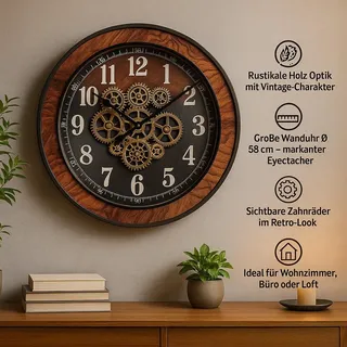 formano XXL Wanduhr antik Zahnräder 58x58cm Metall, goldene drehende Zahnräder - Bunt