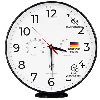 LATENO - Funkwanduhr Schwarz - zum Aufstellen oder Aufhängen - 30 cm - misst Temperatur und Luftfeuchtigkeit - Funkgesteuert - Wanduhr - Batteriebetrieben - Funkuhr - Küchenuhr Funk - Wanduhr Funk