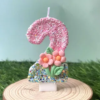 Ovanda Geburtstagskerze 2 Rosa Blume Kuchen Topper mit Pailletten, zum 2 Geburtstag mit Tablett und Stab Eine Kerze für Den 2 Geburtstag Geburtstagsparty Kuchendeko und Geschenke, Zahlenkuchenkerze